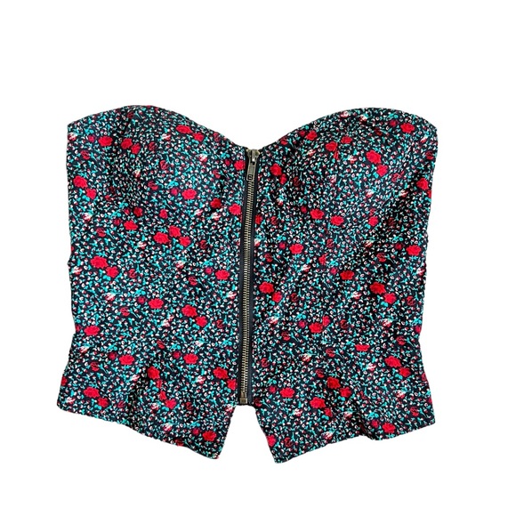 Urban Outfitters Red & Green Floral Front Zip Tuxedo Bustier Strapless Tank Top - Picture 5 of 15